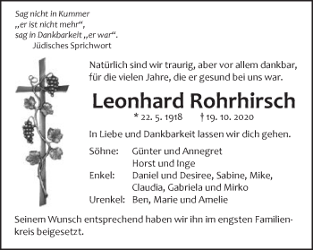 Traueranzeige von Leonhard Rohrhirsch von Schwäbische Post