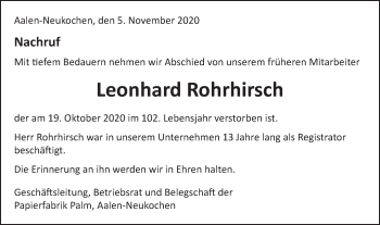 Traueranzeige von Leonhard Rohrhirsch von Schwäbische Post