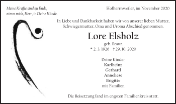 Traueranzeige von Lore Elsholz von Schwäbische Post