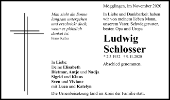Traueranzeige von Ludwig Schlosser von Gmünder Tagespost