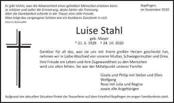 Traueranzeige von Luise Stahl von Schwäbische Post