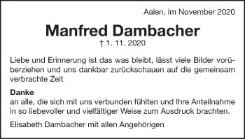 Traueranzeige von Manfred Dambacher von Schwäbische Post