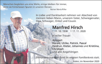 Traueranzeige von Manfred Hirsch von Schwäbische Post