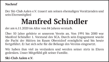Traueranzeige von Manfred Schindler von Schwäbische Post