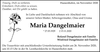 Traueranzeige von Maria Dangelmaier von Gmünder Tagespost