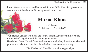Traueranzeige von Maria Klaus von Gmünder Tagespost