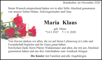 Traueranzeige von Maria Klaus