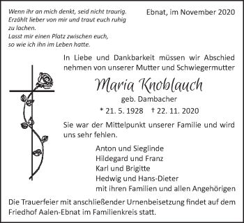 Traueranzeige von Maria Knoblauch von Schwäbische Post