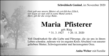 Traueranzeige von Maria Pfisterer von Gmünder Tagespost