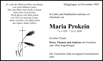 Traueranzeige von Maria Prokein von Gmünder Tagespost