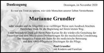 Traueranzeige von Marianne Grundler von Schwäbische Post