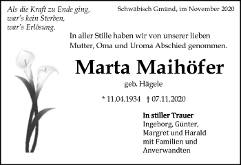 Traueranzeige von Marta Maihöfer von Gmünder Tagespost