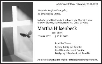 Traueranzeige von Martha Hilsenbeck von Schwäbische Post