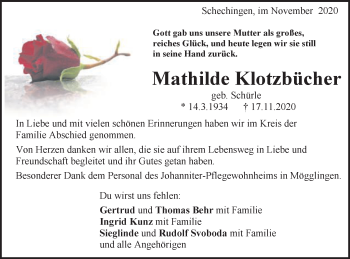 Traueranzeige von Mathilde Klotzbücher von Gmünder Tagespost