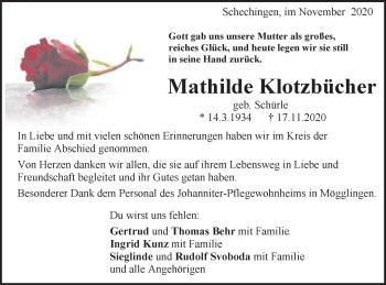 Traueranzeige von Mathilde Klotzbücher