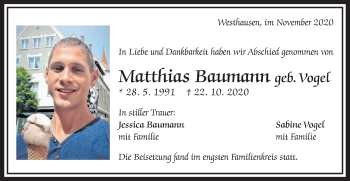 Traueranzeige von Matthias Baumann von Schwäbische Post
