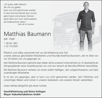 Traueranzeige von Matthias Baumann von Schwäbische Post