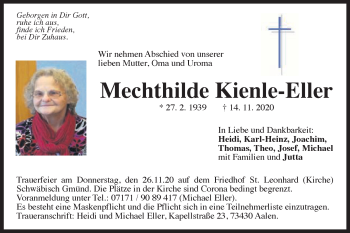Traueranzeige von Mechthilde Kienle-Eller von Gmünder Tagespost