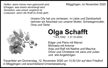 Traueranzeige von Olga Schafft von Gmünder Tagespost