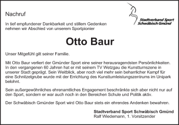 Traueranzeige von Otto Baur von Gmünder Tagespost