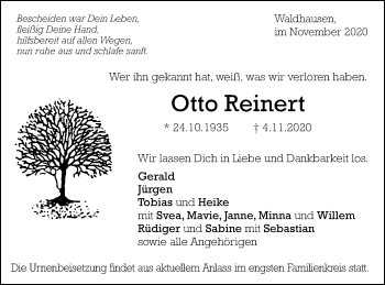 Traueranzeige von Otto Reinert von Gmünder Tagespost