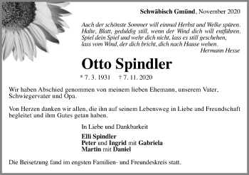 Traueranzeige von Otto Spindler von Gmünder Tagespost