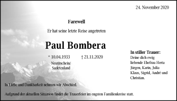 Traueranzeige von Paul Bombera von Gmünder Tagespost