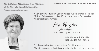 Traueranzeige von Pia Hügler von Schwäbische Post