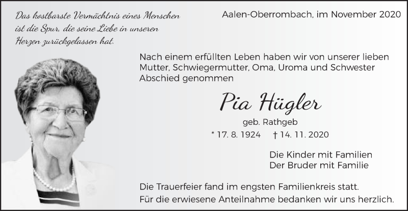  Traueranzeige für Pia Hügler vom 28.11.2020 aus Schwäbische Post