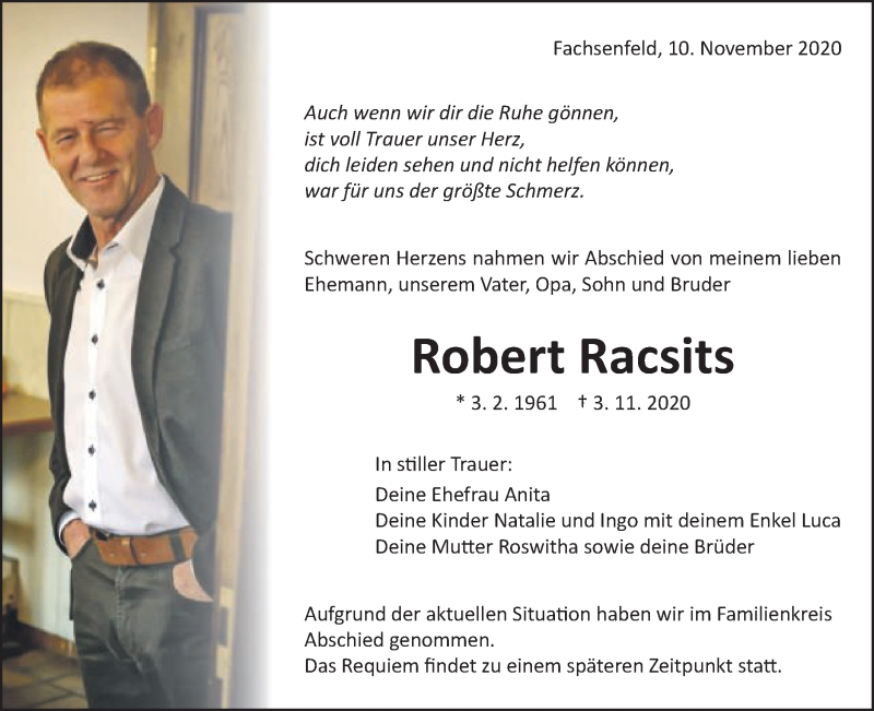  Traueranzeige für Robert Racsits vom 10.11.2020 aus Schwäbische Post
