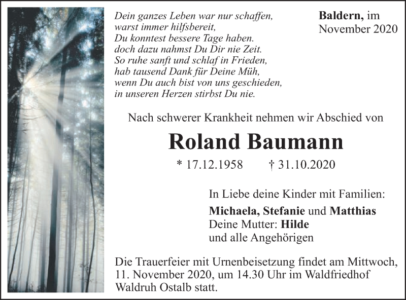  Traueranzeige für Roland Baumann vom 07.11.2020 aus Schwäbische Post