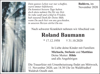 Traueranzeige von Roland Baumann von Schwäbische Post