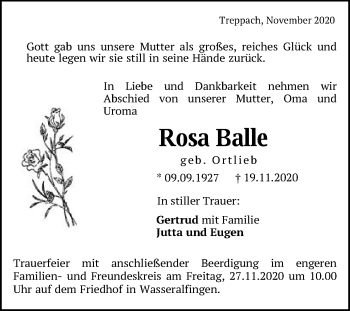 Traueranzeige von Rosa Balle von Schwäbische Post