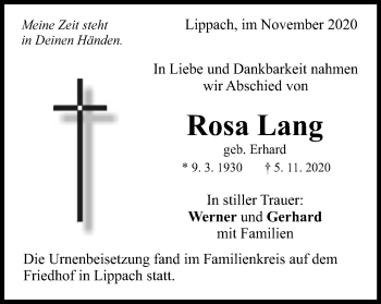 Traueranzeige von Rosa Lang von Schwäbische Post