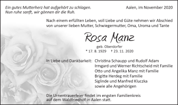 Traueranzeige von Rosa Manz von Schwäbische Post