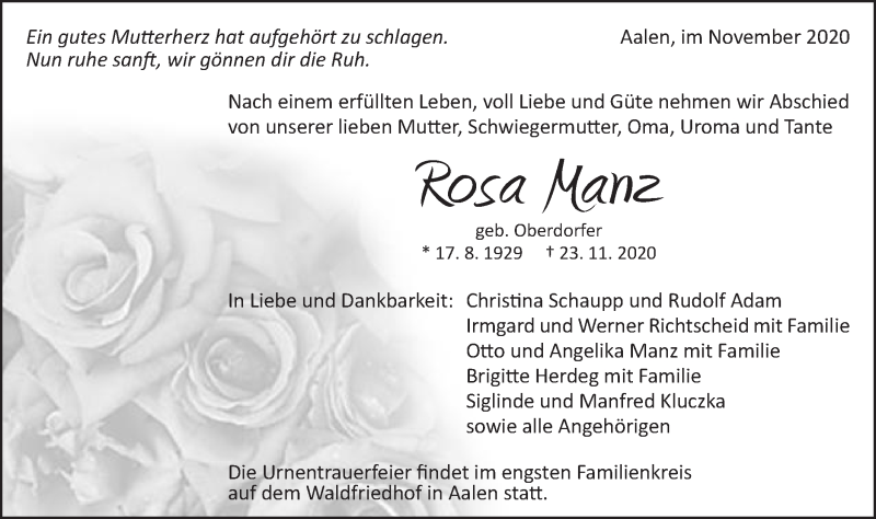  Traueranzeige für Rosa Manz vom 28.11.2020 aus Schwäbische Post