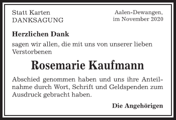 Traueranzeige von Rosemarie Kaufmann von Schwäbische Post
