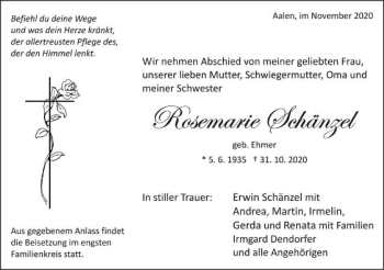 Traueranzeige von Rosemarie Schänzel von Schwäbische Post