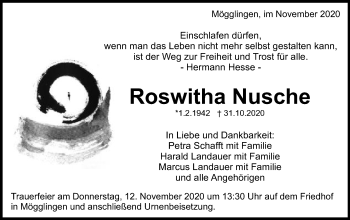 Traueranzeige von Roswitha Nusche von Gmünder Tagespost