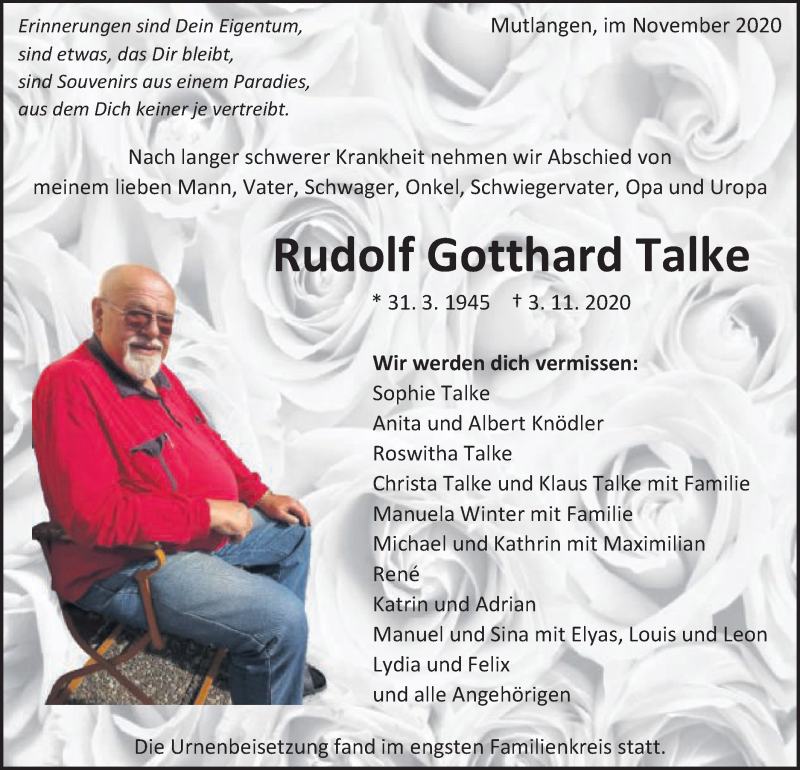  Traueranzeige für Rudolf Gotthard Talke vom 23.11.2020 aus Gmünder Tagespost