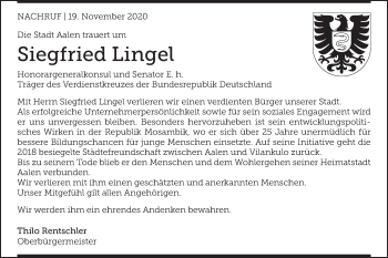 Traueranzeige von Siegfried Lingel von Schwäbische Post