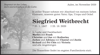Traueranzeige von Siegfried Weitbrecht von Schwäbische Post