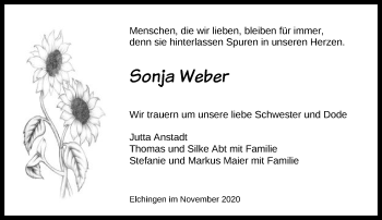 Traueranzeige von Sonja Weber von Schwäbische Post