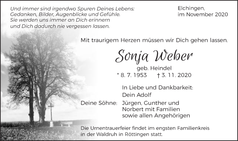  Traueranzeige für Sonja Weber vom 06.11.2020 aus Schwäbische Post