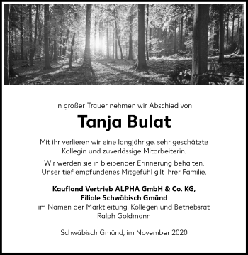 Traueranzeige von Tanja Bulat von Gmünder Tagespost
