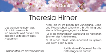 Traueranzeige von Theresia Hirner von Gmünder Tagespost