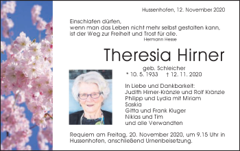 Traueranzeige von Theresia Hirner von Gmünder Tagespost