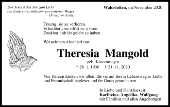 Traueranzeige von Theresia Mangold von Gmünder Tagespost