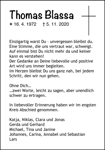Traueranzeige von Thomas Blassa von Gmünder Tagespost