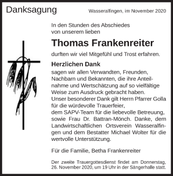 Traueranzeige von Thomas Frankenreiter von Schwäbische Post